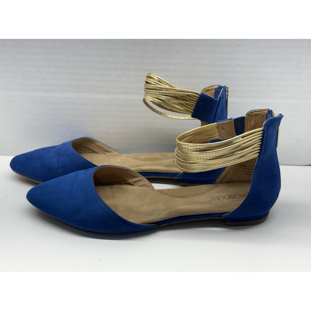 Aerosoles Girl Talk Ballet Flats Blue Suede Gold Ankle Strap Size 8.5M